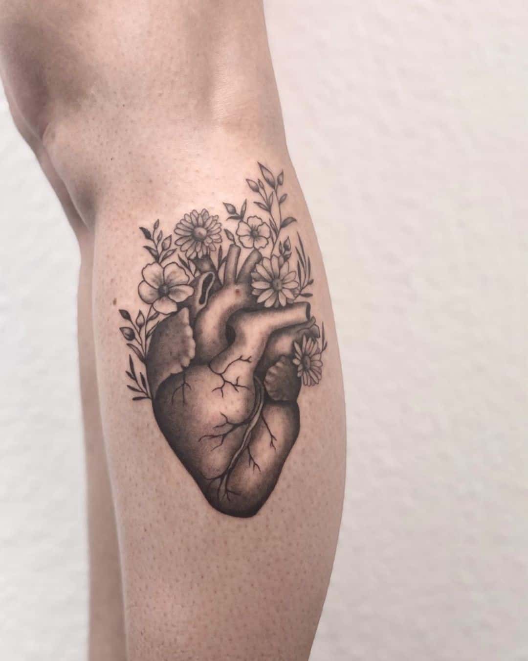 Calf Tattoo Designs Heart With Flowers