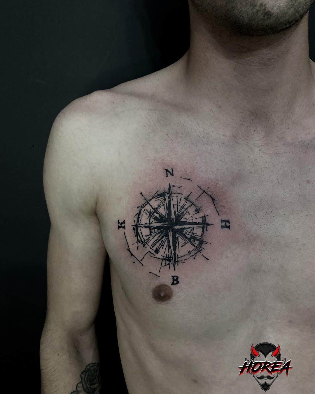 Chest Masculine Compass Tattoo