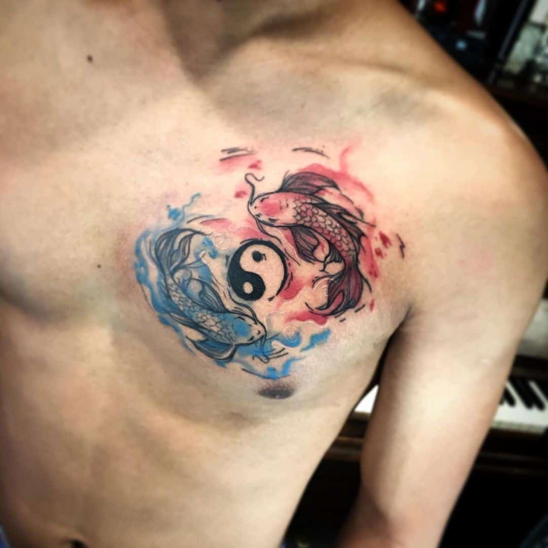 Chest Piece Red & Blue Yin Yang Tattoo