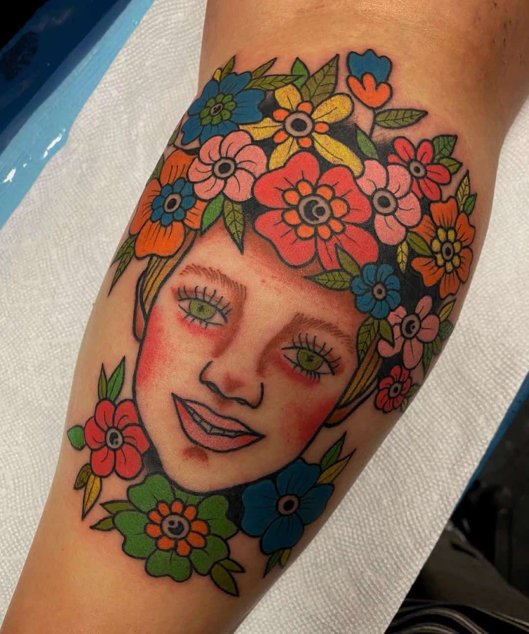 Colorful Girl Flower Lover Calf Tattoo