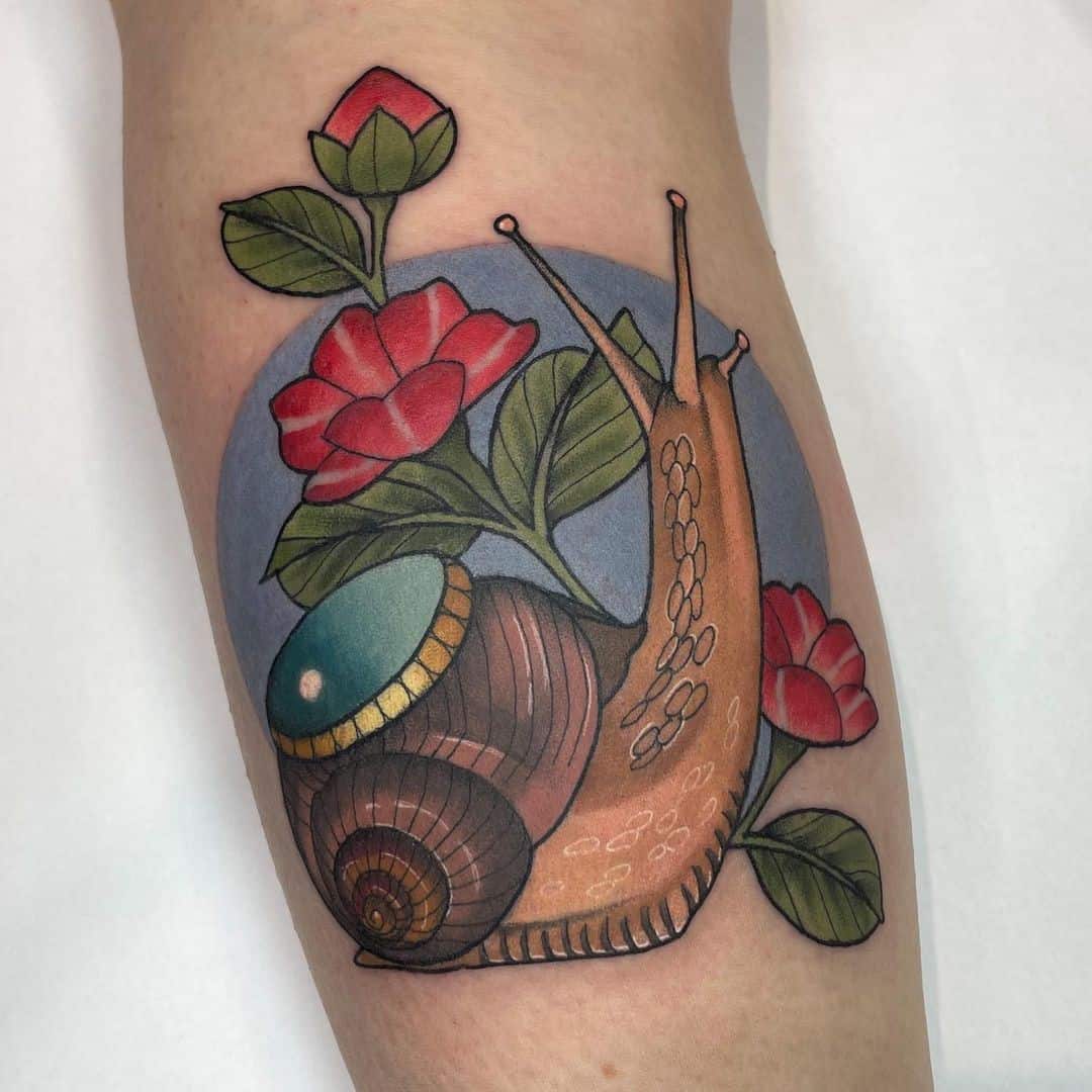 Colorful Red Snail Calf Tattoo