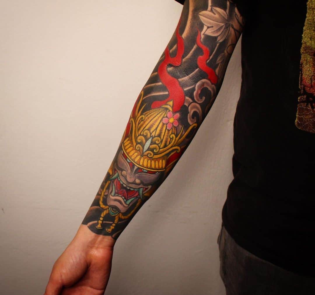 Colorful Samurai Sleeve Tattoo