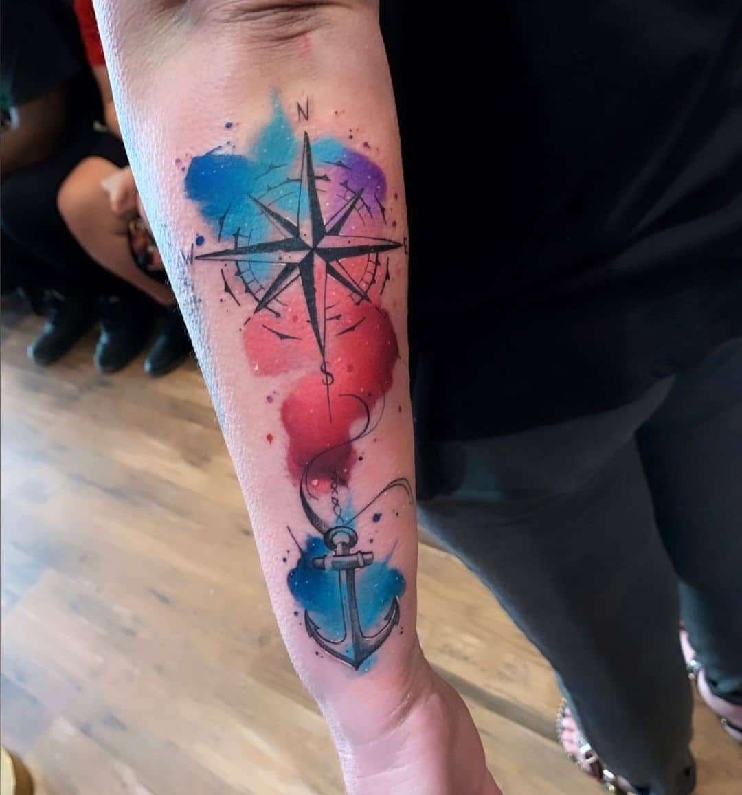 Compass Tattoo Forearm Colorful Idea