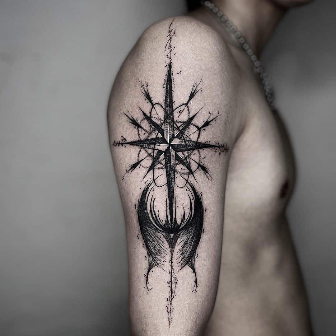 Compass Tattoo On Hand & Shoulder