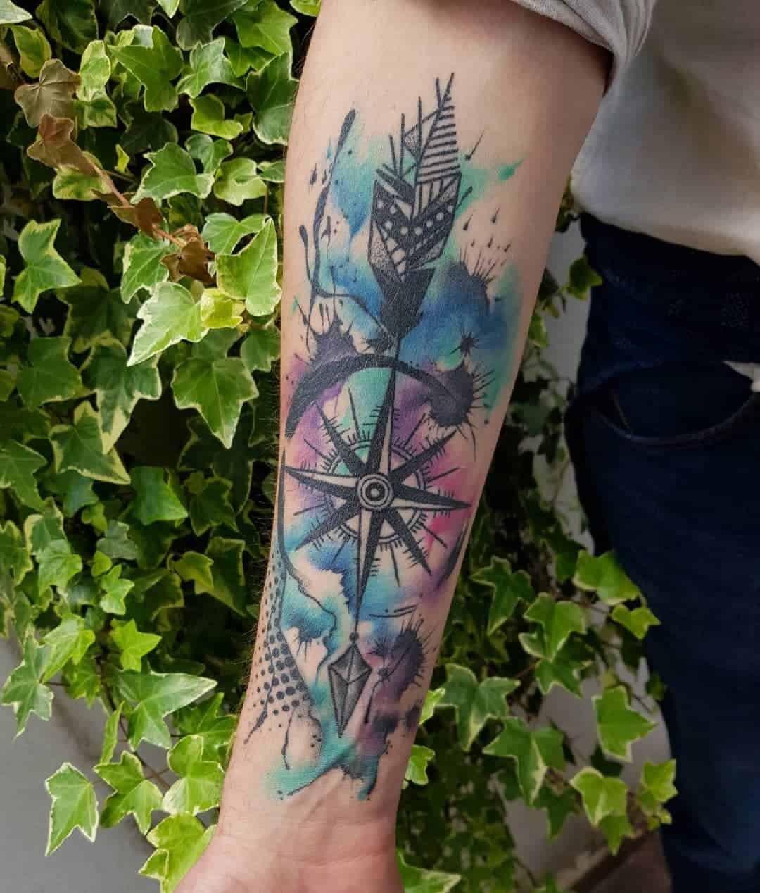 Compass Watercolor Tattoo Colorful 