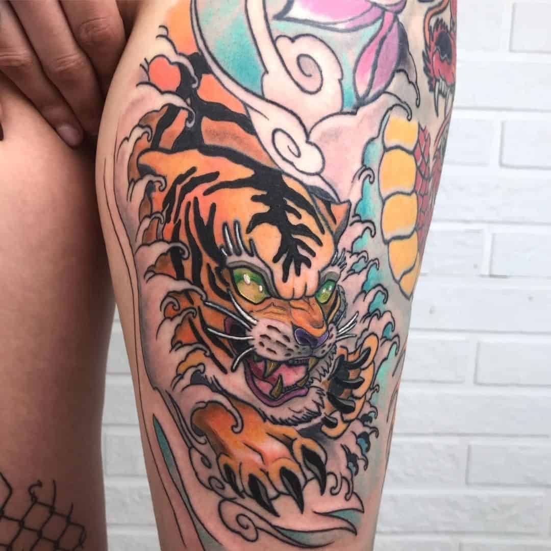 Japanese Tiger Tattoo Over Leg
