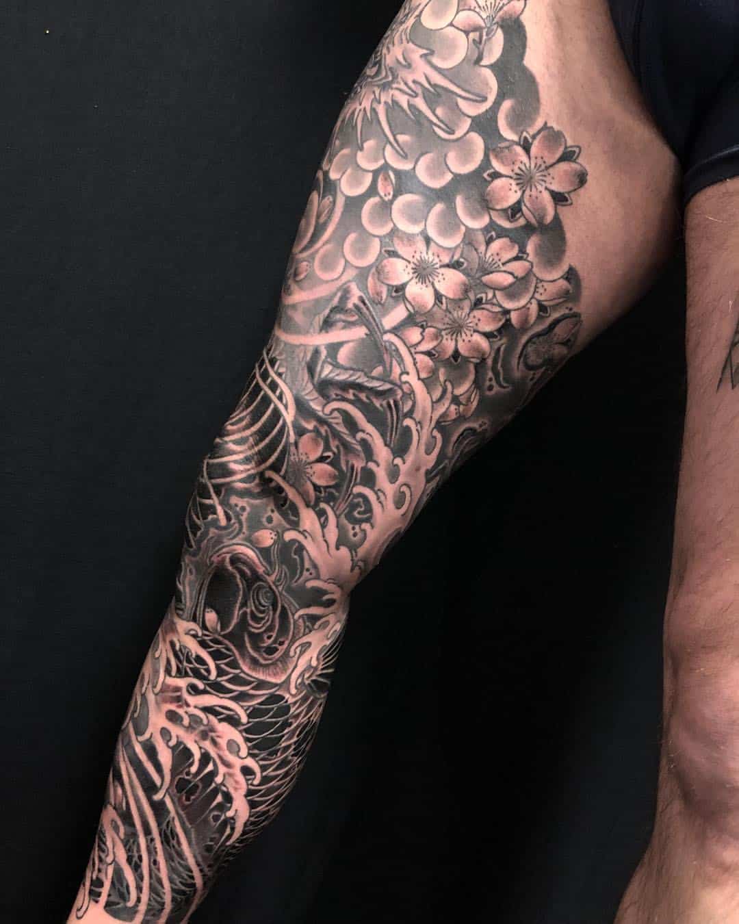 Japanese flower leg sleeve tattoo 1