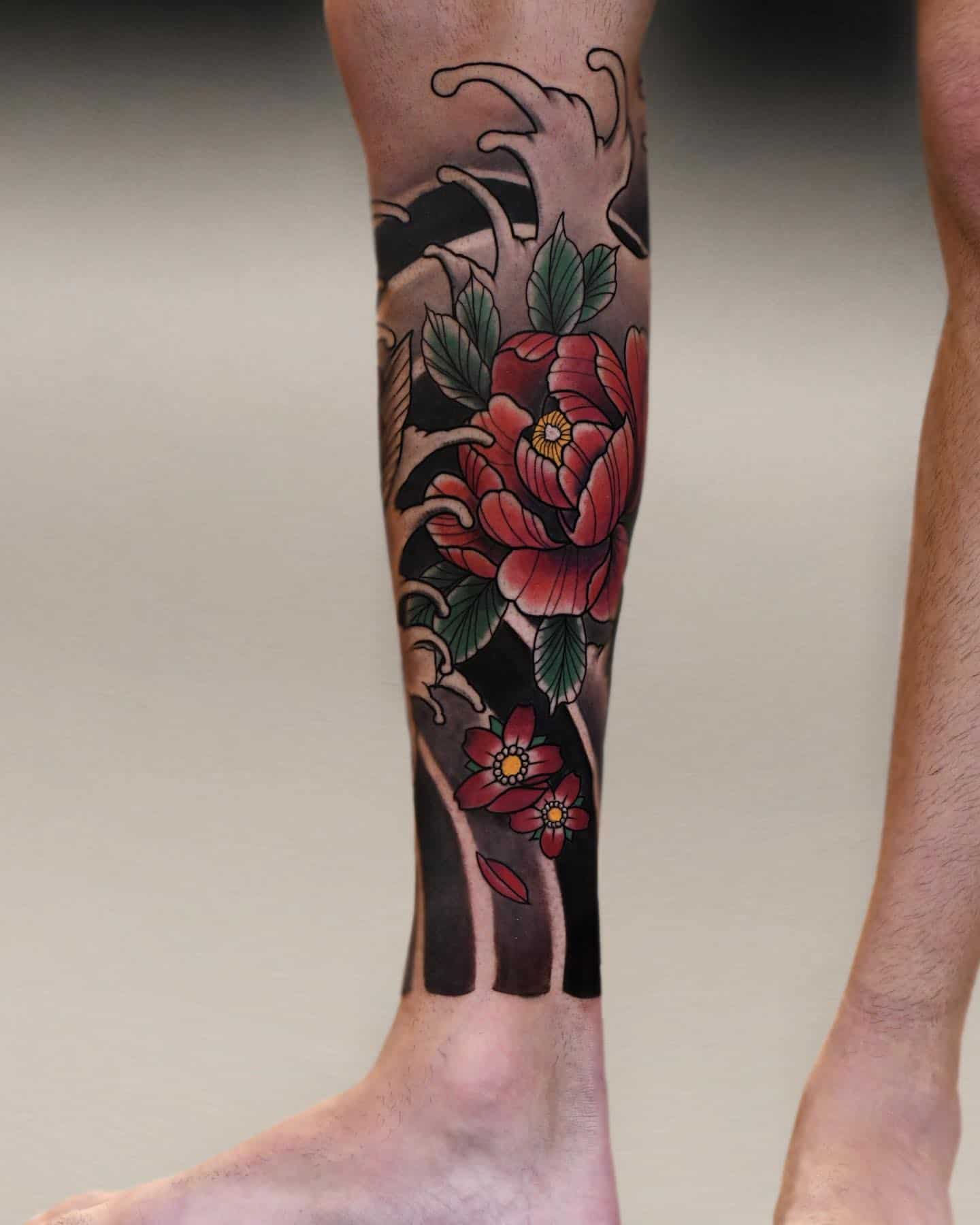 Japanese flower leg sleeve tattoo 2
