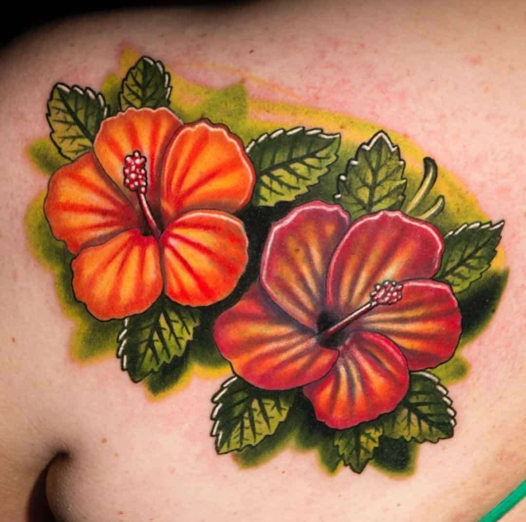 Orange & Red Hibiscus Flower Tattoo