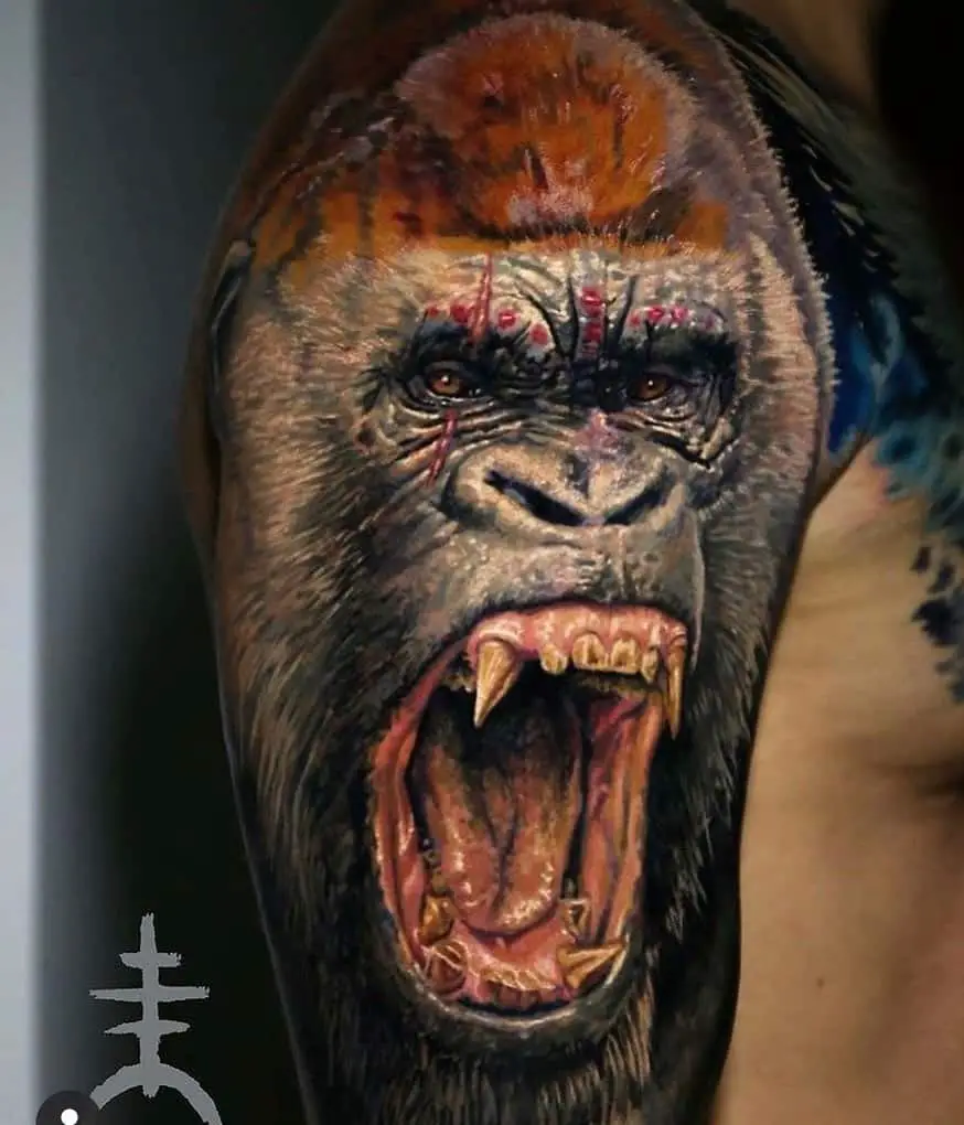Realistic Shoulder King Kong Tattoo With Details 