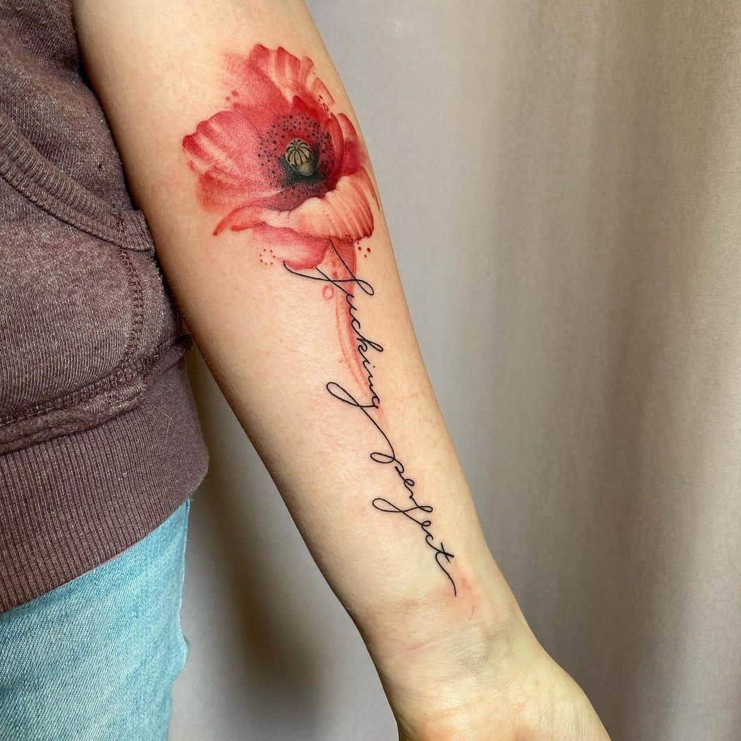 Red Poppy Flower Tattoo With A Saying