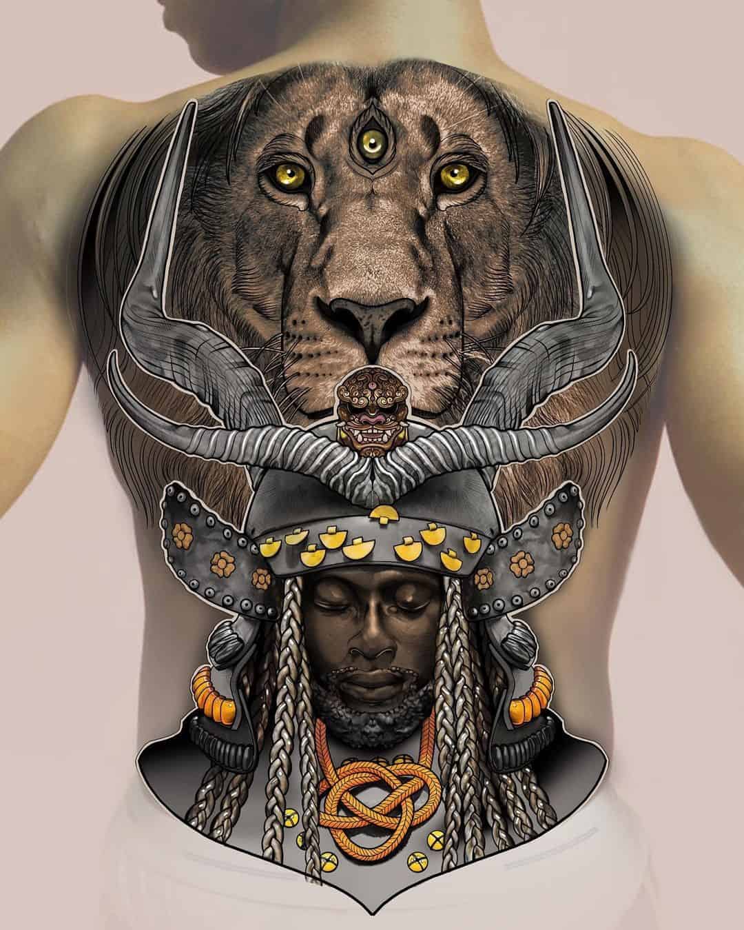 Samurai Helmet Tattoo With Lion Print 