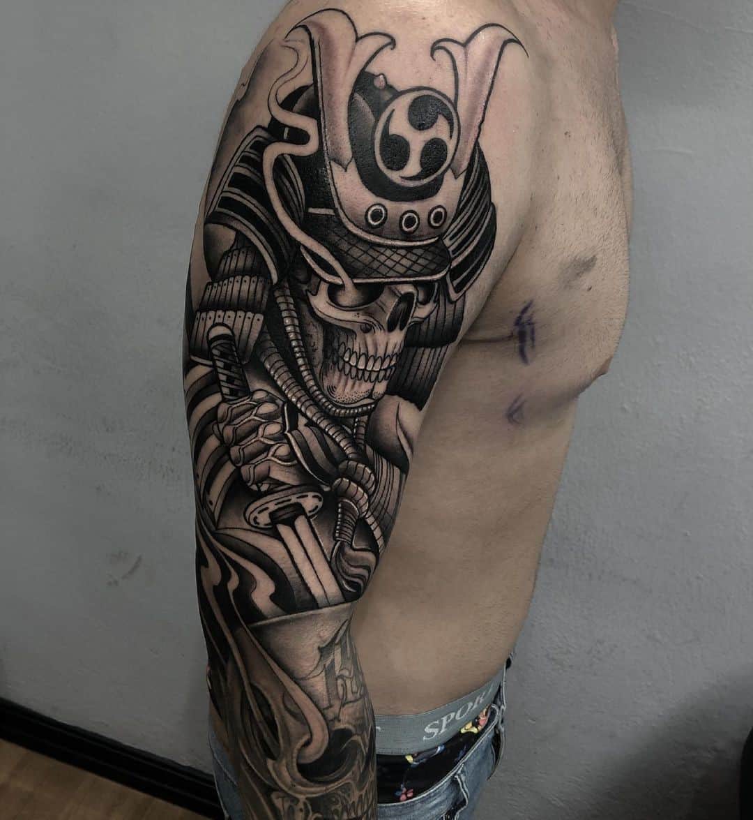 Samurai Mask Tattoo Over Shoulder