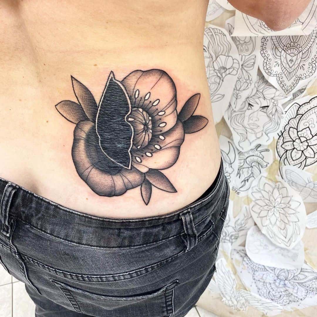 Side Back Large Poppy Flower Tattoo