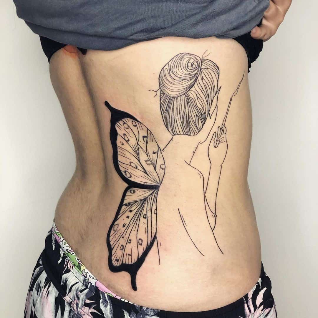 Side Stomach Butterfly Fairy Tattoo 