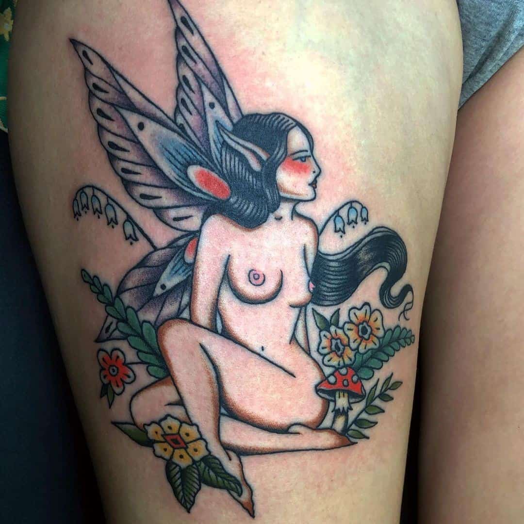 Thigh Colorful Fairy Tattoo 