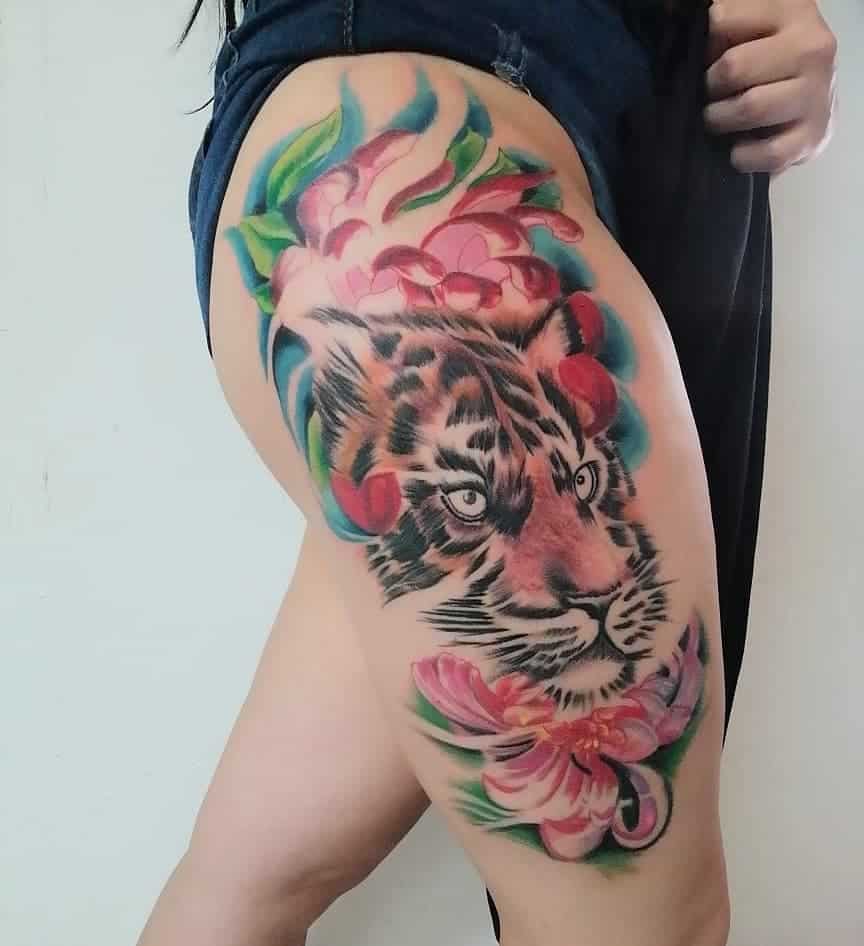 Watercolor Tiger Thigh Tattoo
