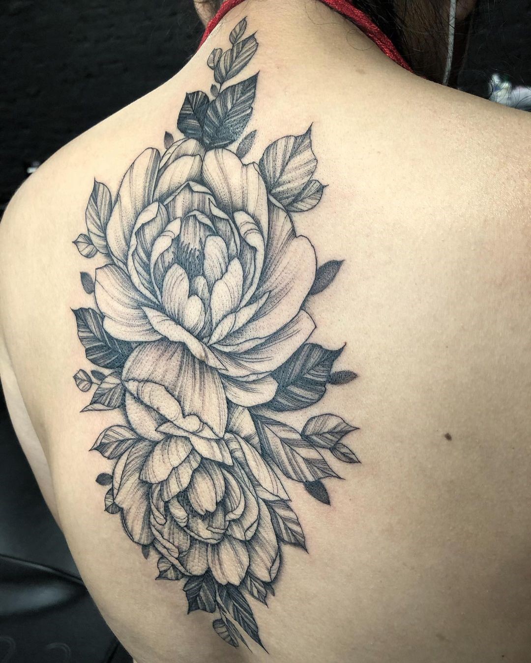 Giant Black Rose Spine Tattoo For Women 
