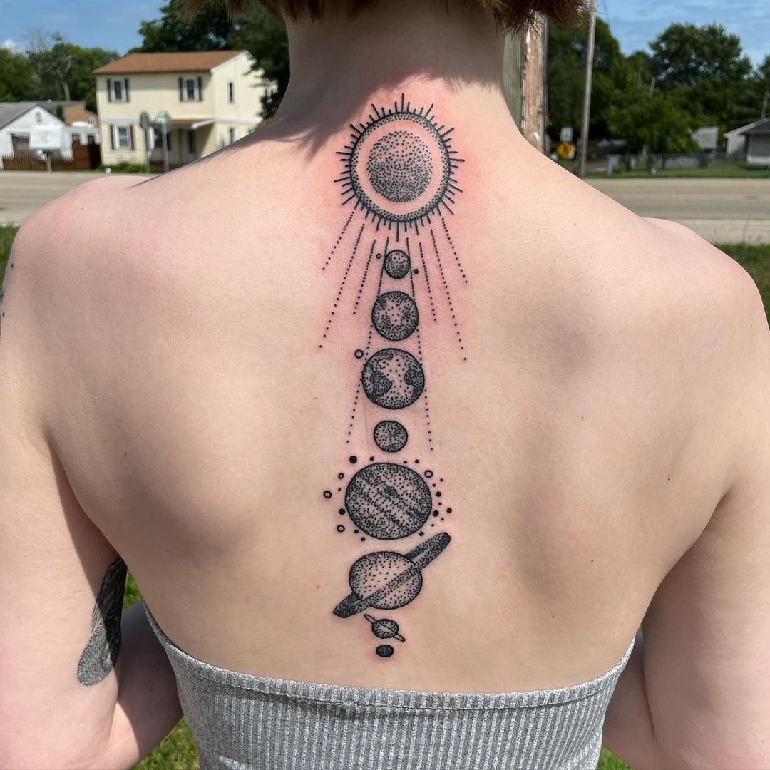 Planet Inspired Spine Tattoos 