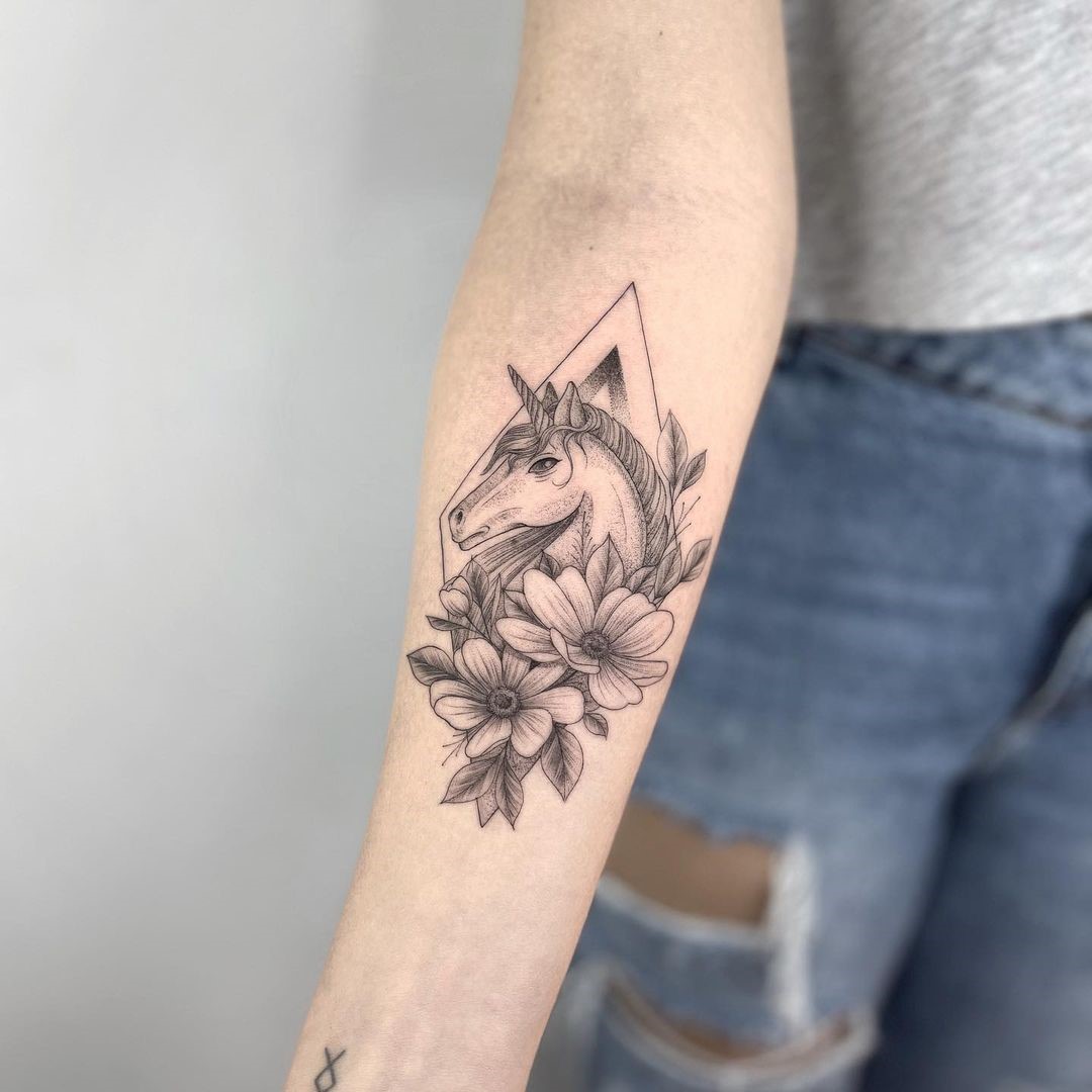 Black Unicorn Tattoo With Flowers