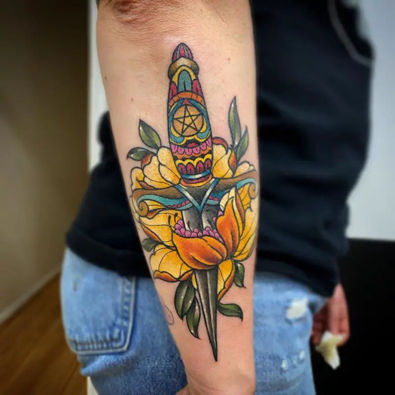Colorful Shin Flower and Dagger Tattoo 1