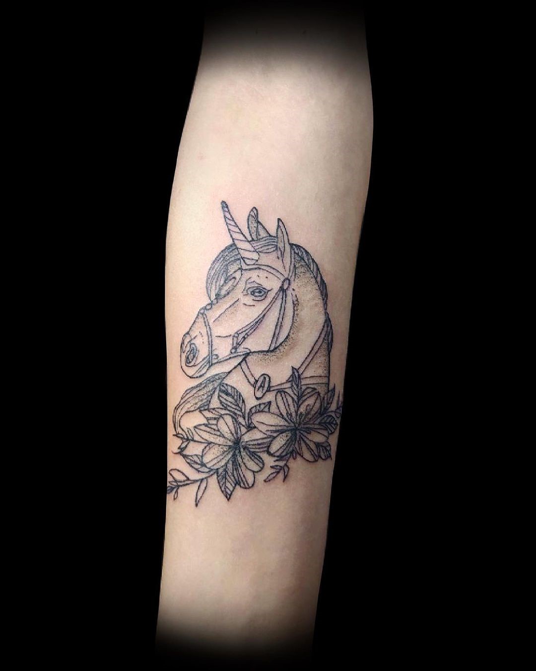 Dark Unicorn Tattoo With Flowers 