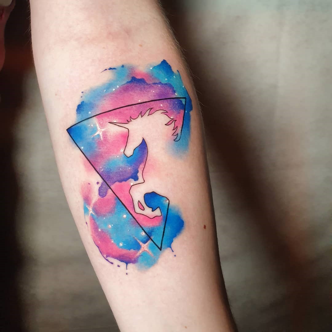 Loud Colorful Forearm Outline Unicorn Tattoo 