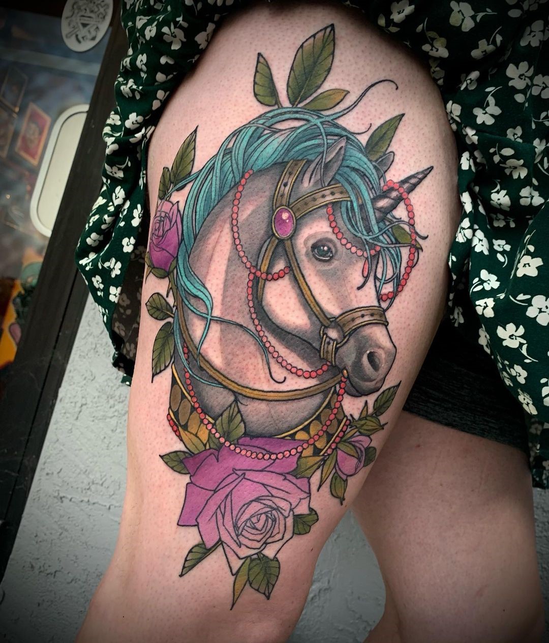 Unicorn Thigh Tattoo Colorful Print 