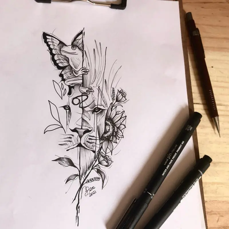 Abstract Leo Tattoo Design With Flowers