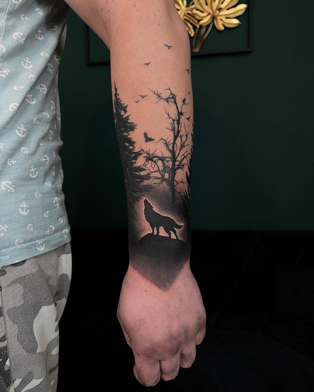 Arm Forest Tattoo With A Wolf 