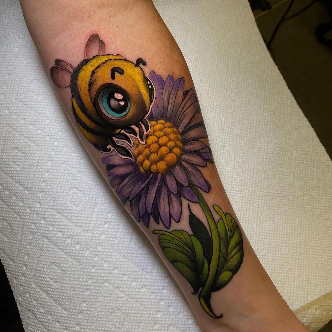 Aster Flower Tattoos With A Bee 