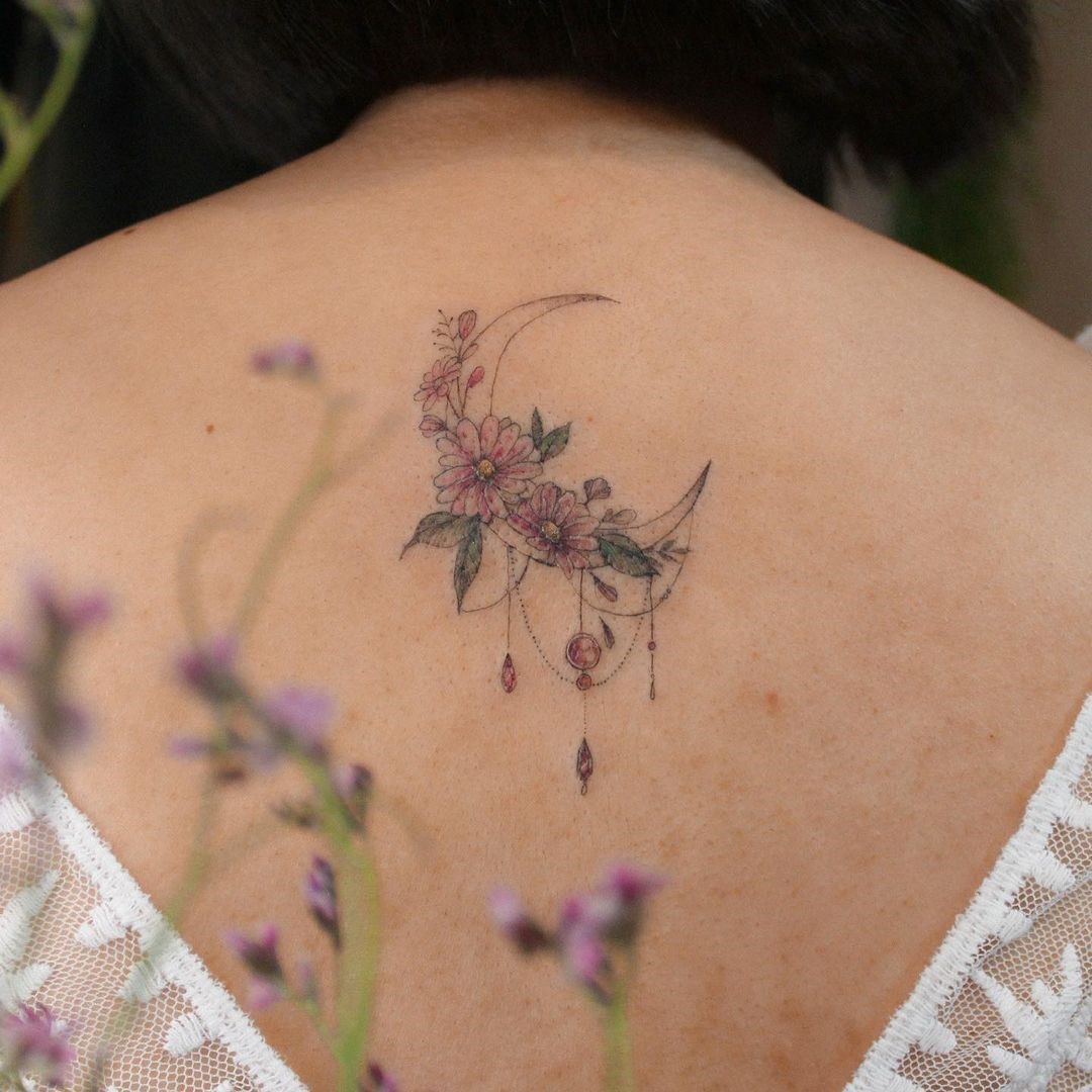 Back & Neck Aster Flower Tattoo 
