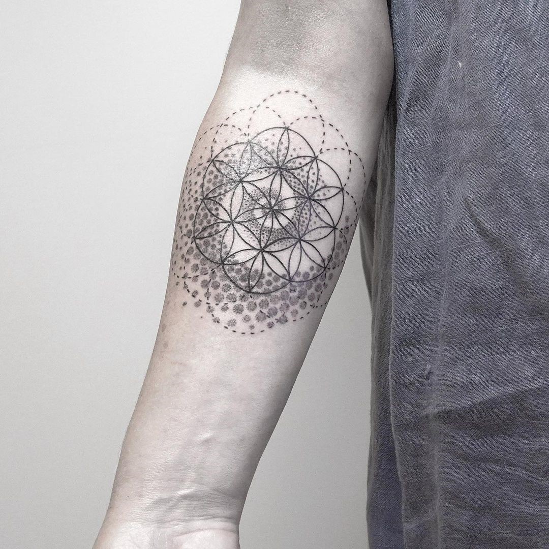 Dotwork flower of life tattoo on the left inner