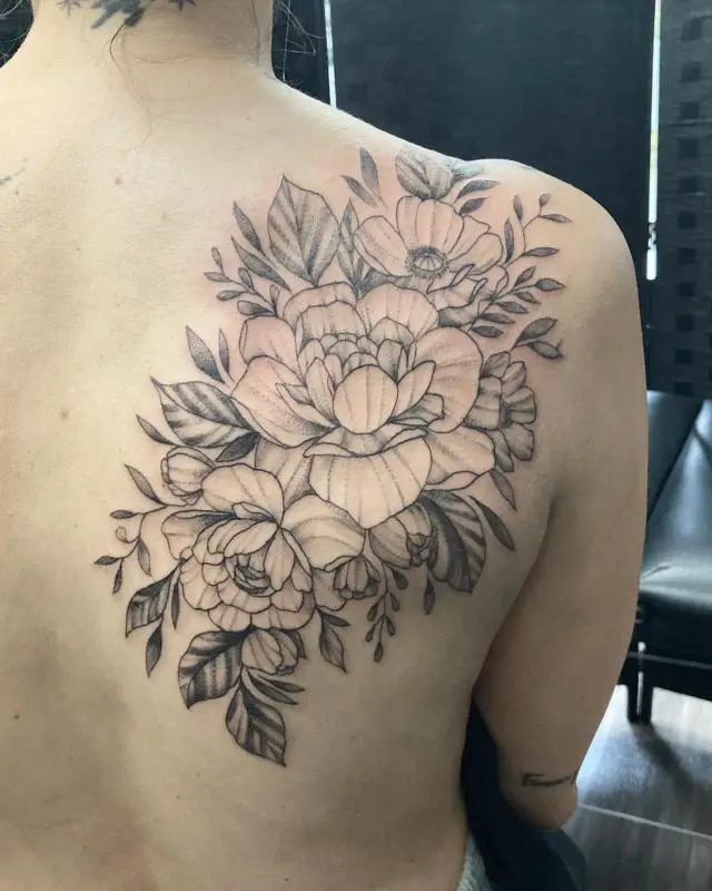 Black and grey Peony tattoo done by apprentice Ericka Blair at Diadem Tattoo  in Jacksonville Florida 3 weeks post ink  rtattoos