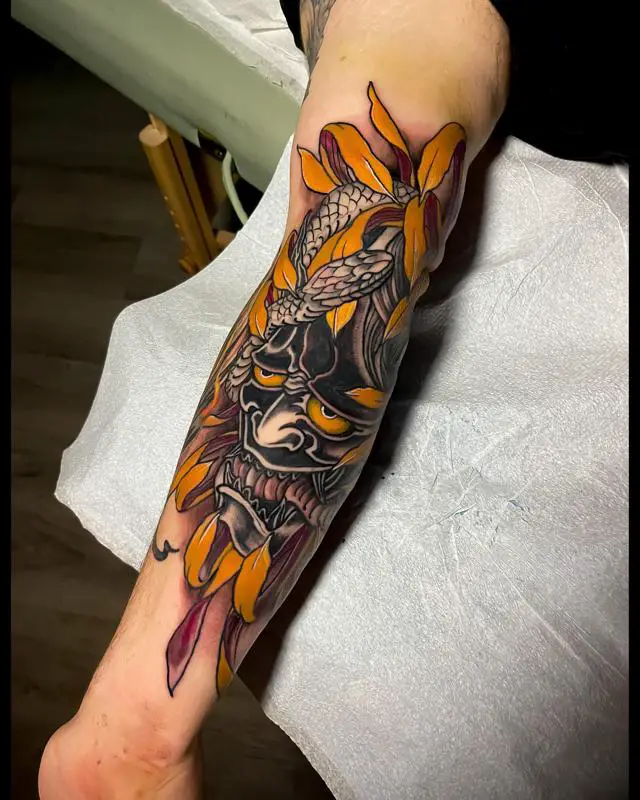 Chrysanthemum and Oni Mask Tattoo 2
