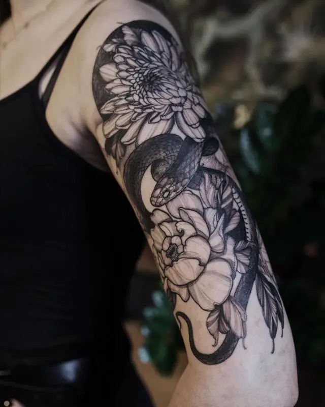 Chrysanthemum and Snake Tattoo 2