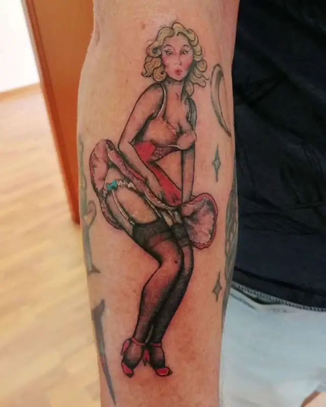 Classic Skirt-Up Pin Up Girl Tattoo Design