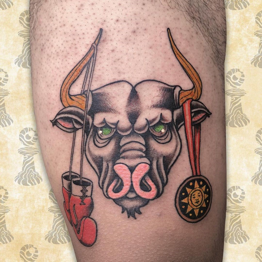 Colorful Bull Tattoo Idea 