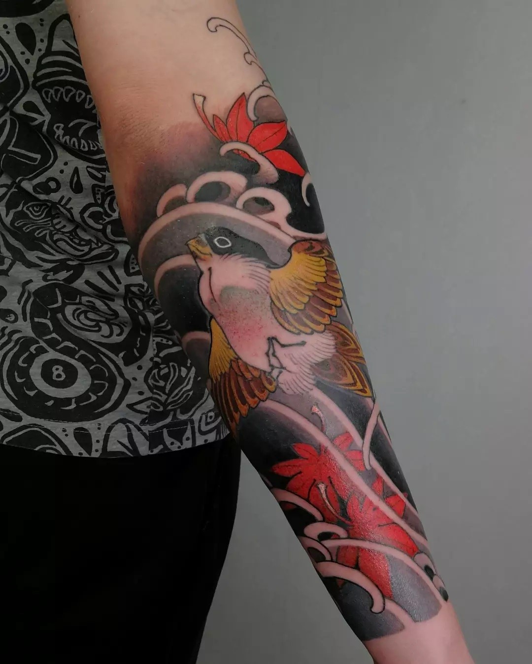 Colorful Sparrow Tattoo Red Ink