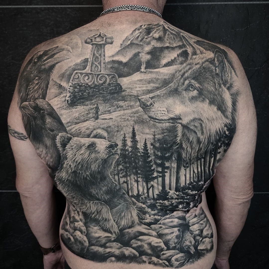 Forest Tattoo Drawing Across The Back 