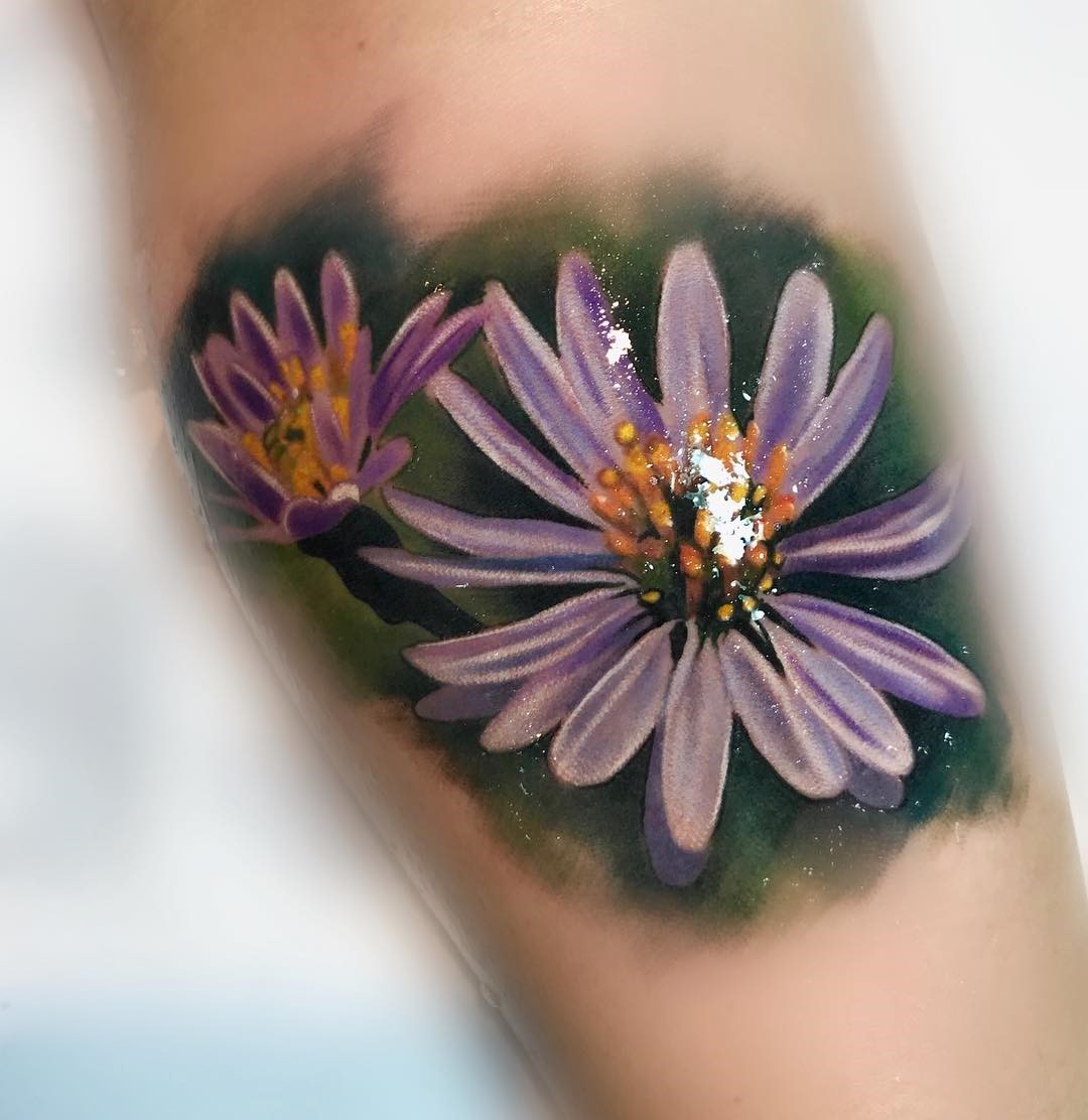 Large Purple & Glossy Aster Flower Tattoo 