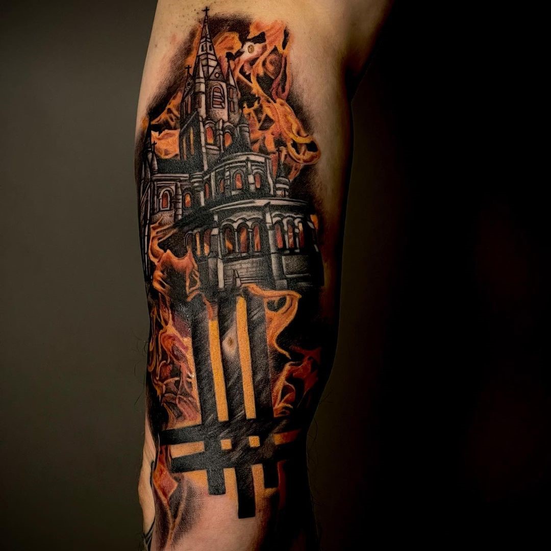 Realistic Sleeve Fire Tattoo 