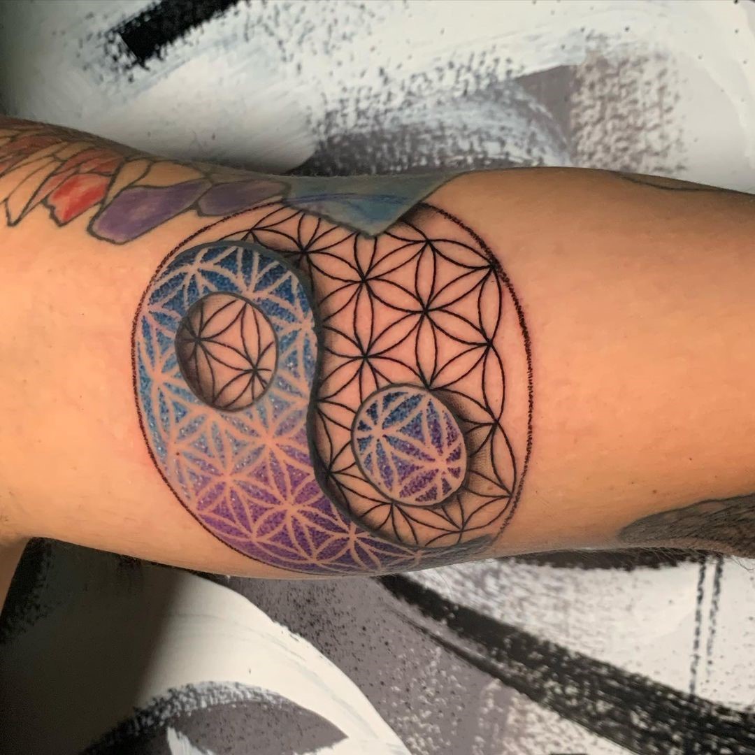 Dotwork black and grey flower of life tattoo  Tattoogridnet