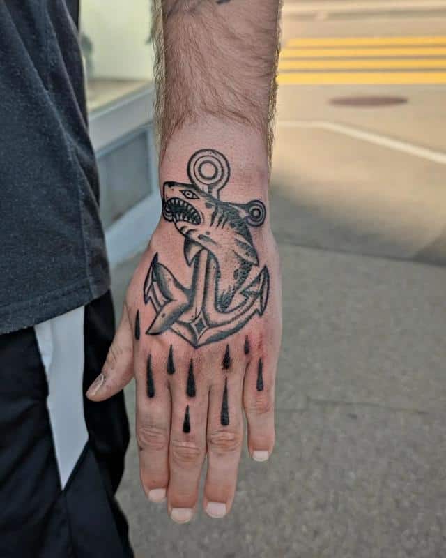 Traditional hammerhead shark with anchor and landscape by Adam Craven at  Oddball Tattoo; Portland, OR… | Shark tattoos, Traditional tattoo,  Traditional shark tattoo
