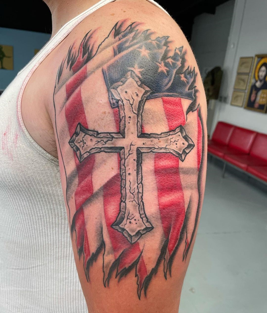Cross With America Flag Tattoo 
