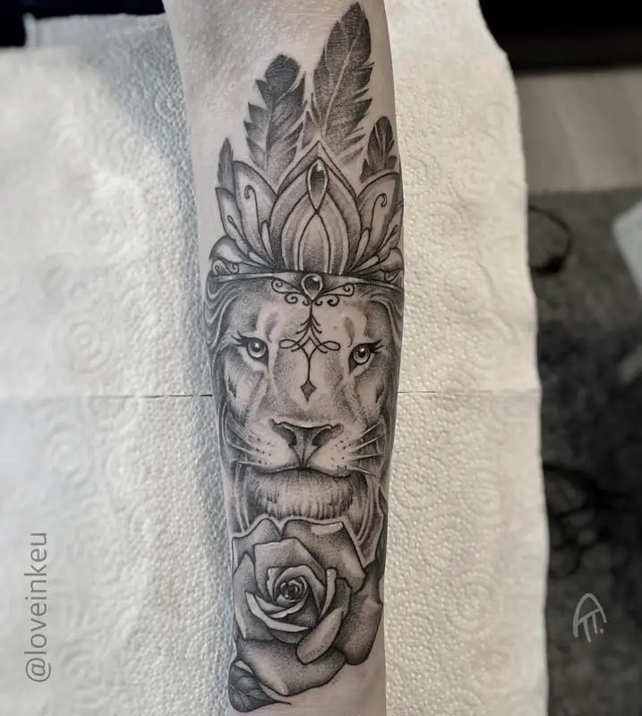 Floral Lion With Crown Tattoo 3