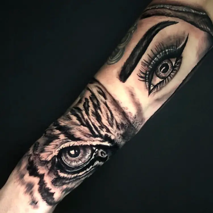 Half-Human Half Tiger Eyes Tattoo Design