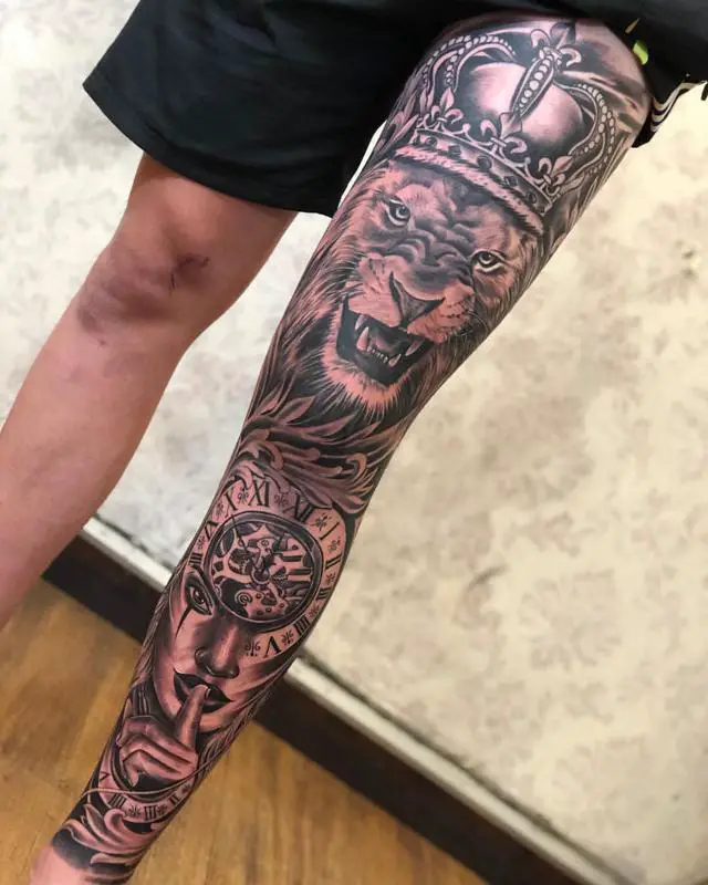 Lion With Crown Leg Tattoo 1