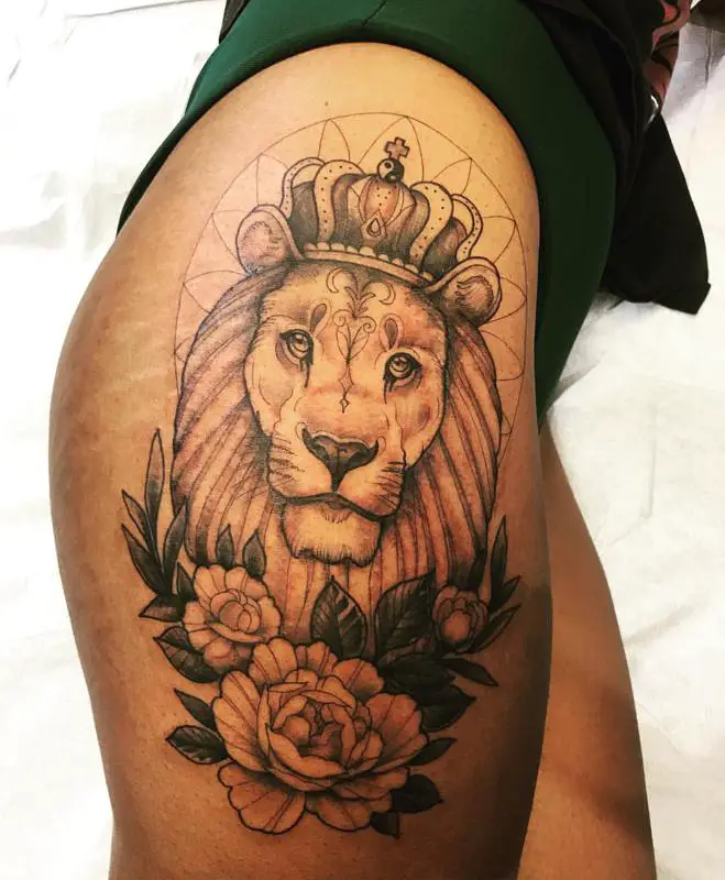 Lion With Crown Leg Tattoo 2