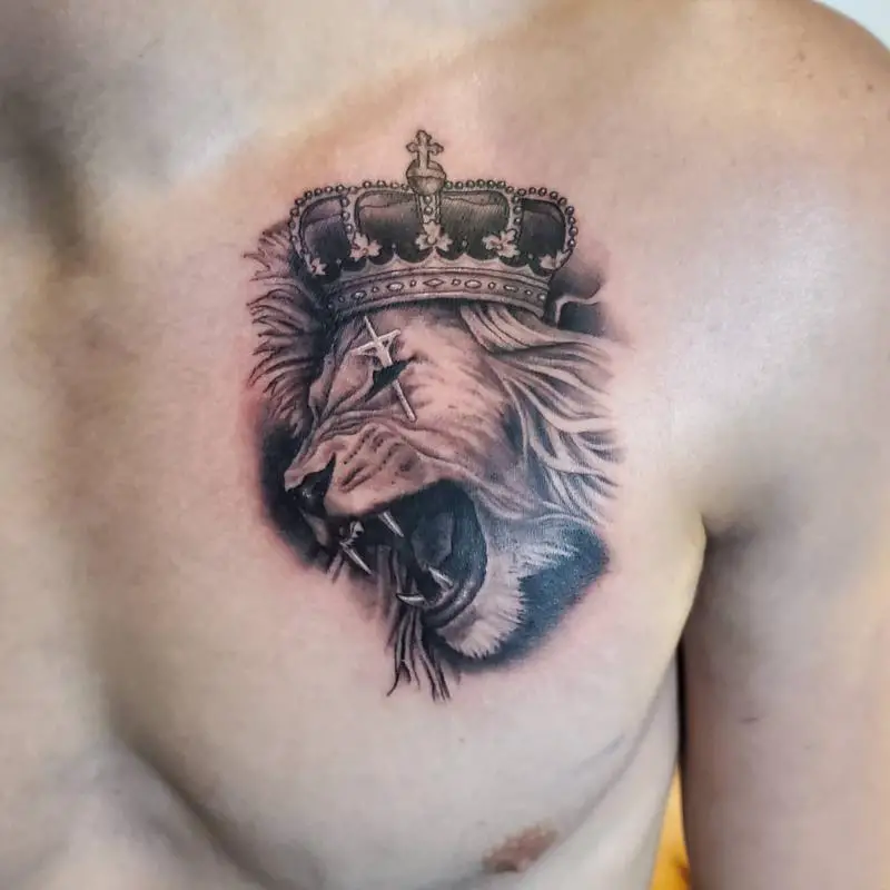 Lion With Crown On Chest Tattoo 2